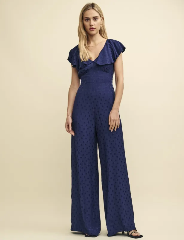 Navy Satin Jacquard Flutter Sleeve Suki Jumpsuit sold by Nobody's Child