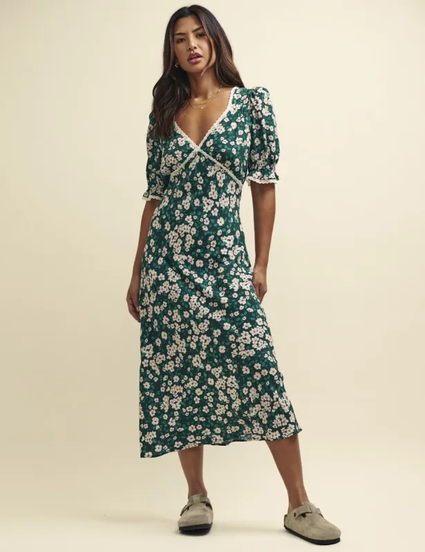 Green Ditsy Floral Monday Lace Trim Midaxi Dress sold by Nobody's Child