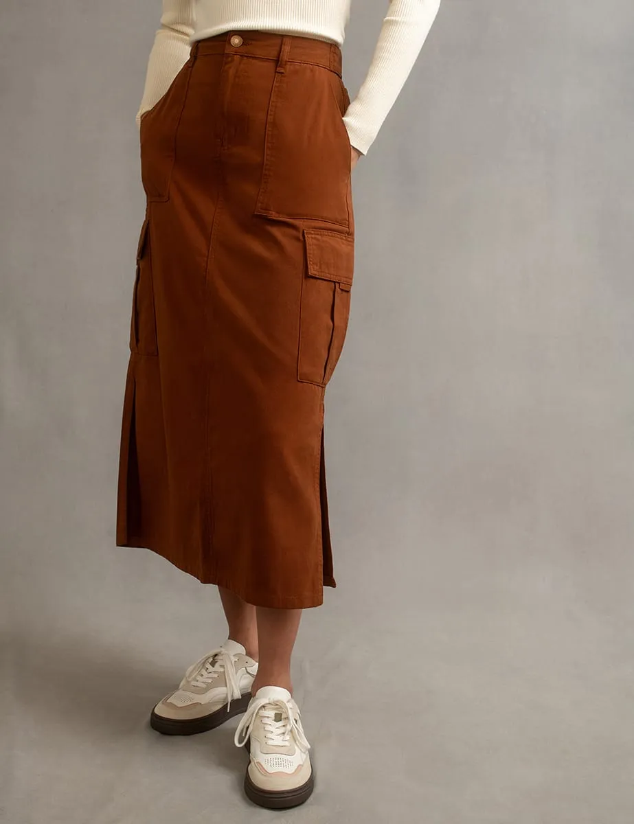 Brown Utility Cargo Midi Skirt sold by Nobody's Child