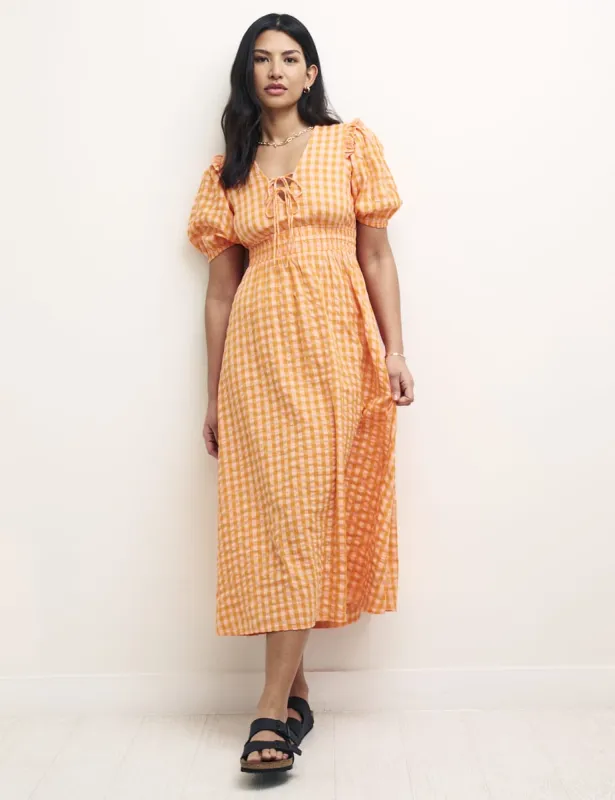 Orange Gingham Check Open Back Wednesday Midi Dress sold by Nobody's Child