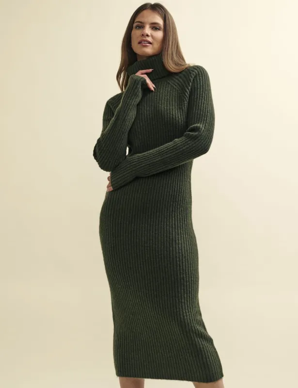 Khaki Green Roll Neck Knitted Midi Dress sold by Nobody's Child
