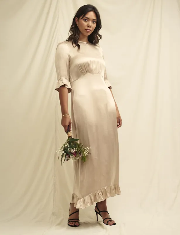Champagne Satin Fleur Bridesmaid Midaxi Dress sold by Nobody's Child