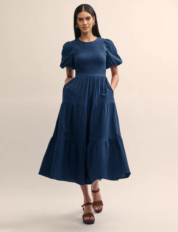 Navy Tiered Charlie Midi Dress sold by Nobody's Child