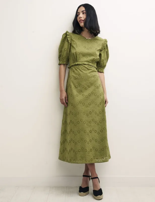 Olive Green Felicia Broderie Midi Dress sold by Nobody's Child