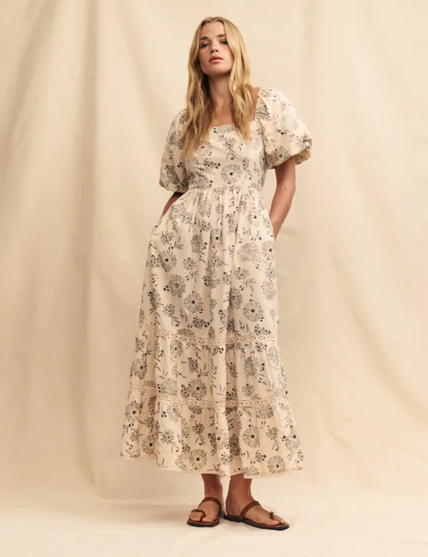Cream Floral Puff Sleeve Whitley Midi Dress sold by Nobody's Child