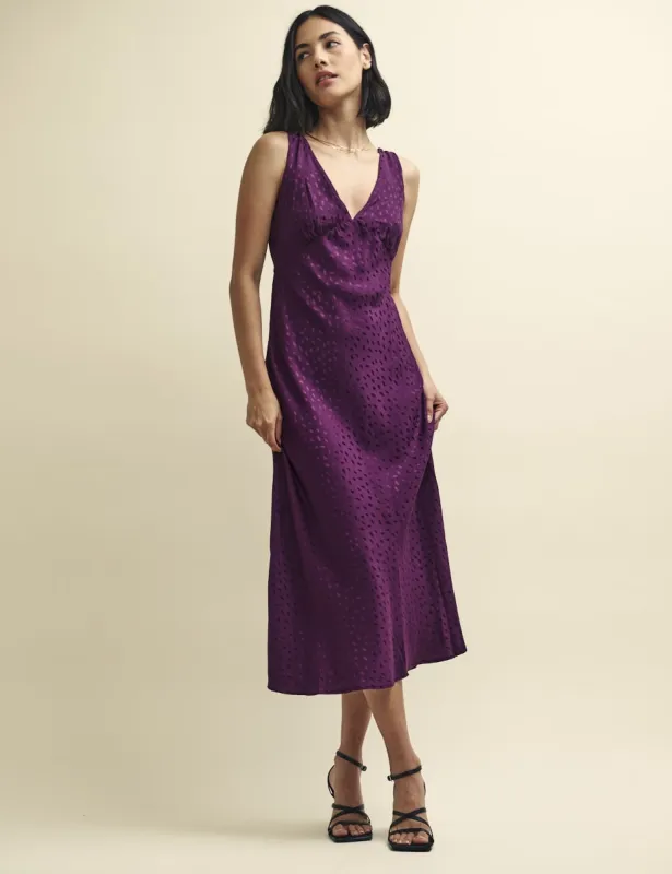 Purple Satin Jacquard Spot Helena Midi Dress sold by Nobody's Child