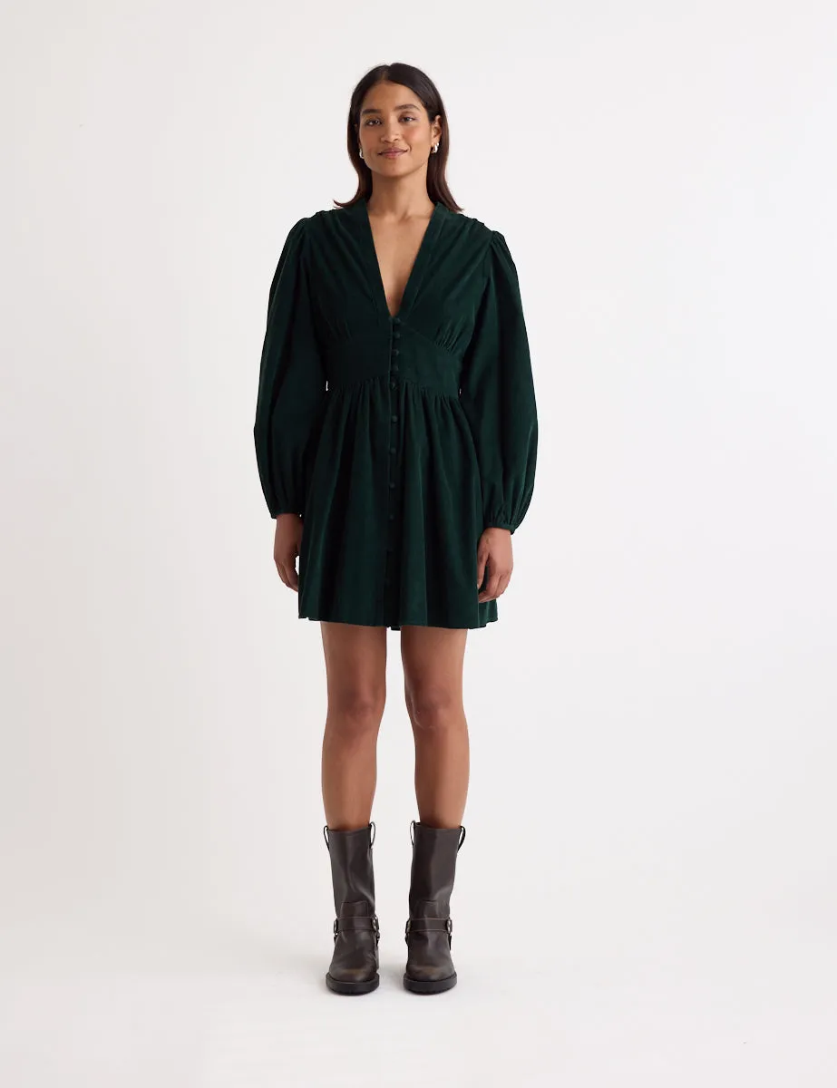 Dark Green Cord Long Sleeve Starlight Mini Dress sold by Nobody's Child