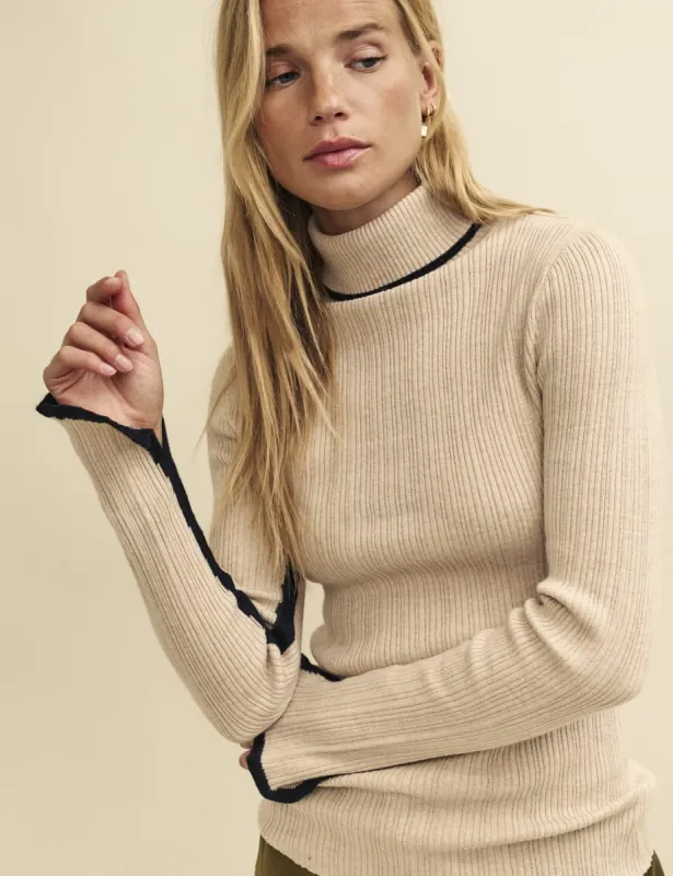 Cream Wool-Blend Contrast Trim Ribbed Roll Neck Top sold by Nobody's Child