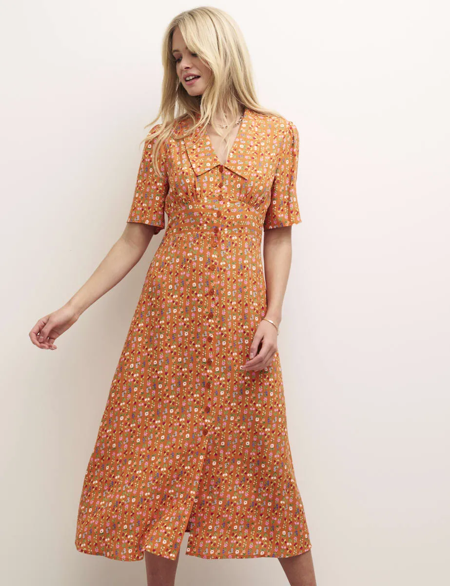 Orange Pinstripe Floral Daisy Midi Dress sold by Nobody's Child product image thumbnail 2