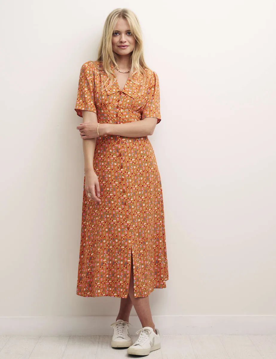 Orange Pinstripe Floral Daisy Midi Dress sold by Nobody's Child