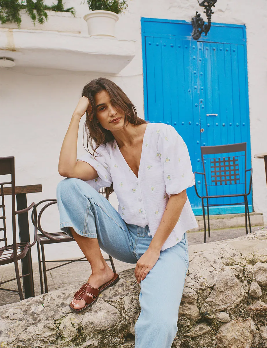 White Flower Embroidered Puff Sleeve Blouse sold by Nobody's Child