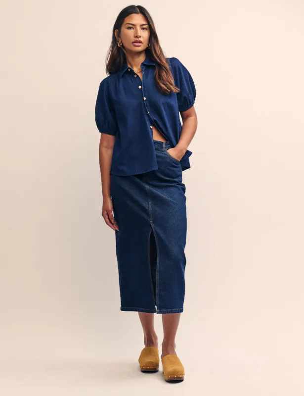 Dark Blue Denim Puff Sleeve Blouse sold by Nobody's Child
