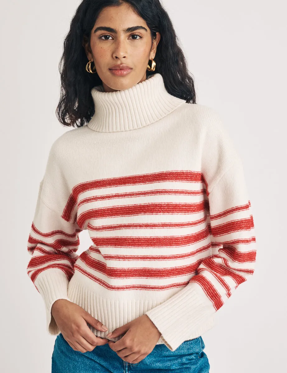 Cream & Red Stripe Knitted Roll Neck Jumper sold by Nobody's Child