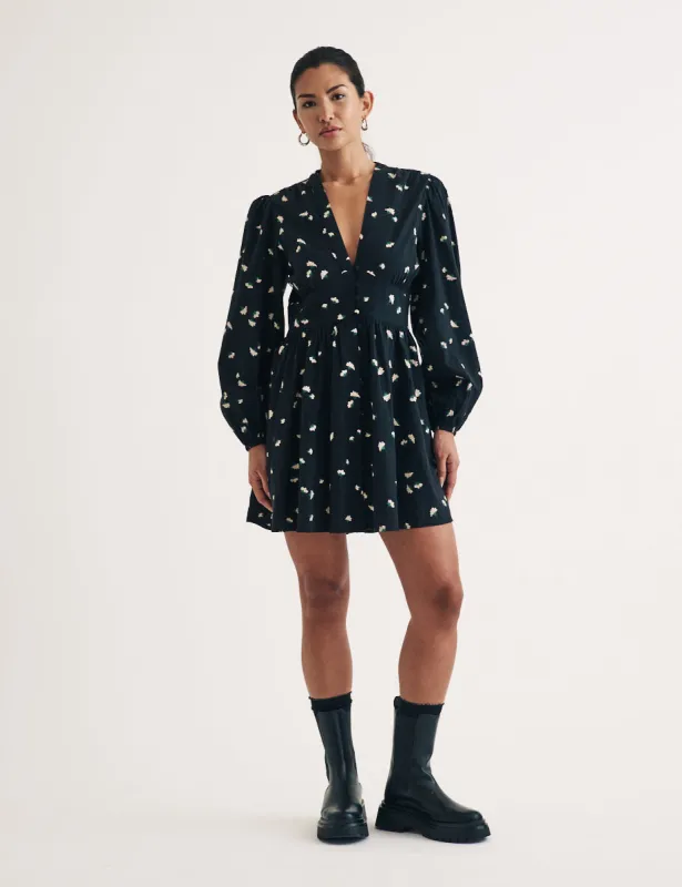 Petite Black Ditsy Floral Long Sleeve Starlight Mini Dress sold by Nobody's Child