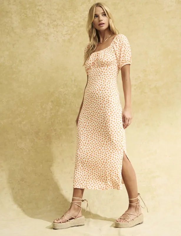 White Ditsy Floral Ruched Bodice Oregon Jersey Midi Dress sold by Nobody's Child