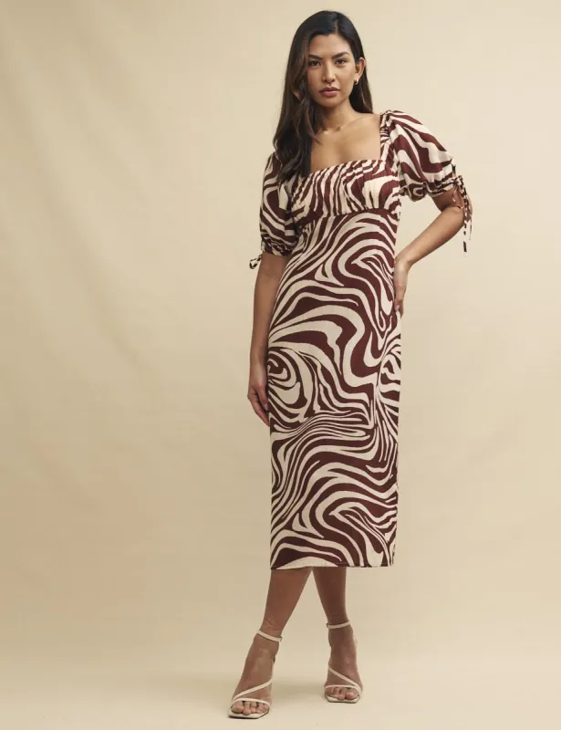 Brown Swirl Print Linen-blend Heidi Midi Dress sold by Nobody's Child