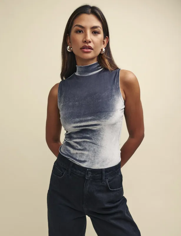 Silver Velvet Funnel Neck Sleeveless Lou Lou Top sold by Nobody's Child