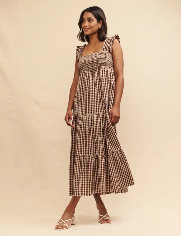 Brown Gingham Check Maya Smock Midi Dress sold by Nobody's Child