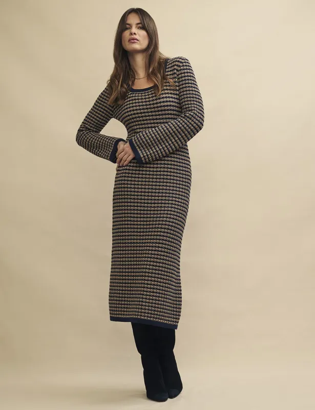 Navy Stripe Flute Sleeve Mock-Crochet Midi Dress sold by Nobody's Child