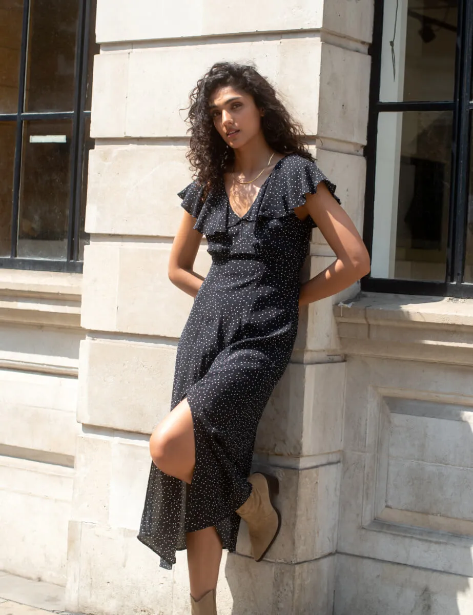 Black Spot V Neck Suki Midi Dress sold by Nobody's Child