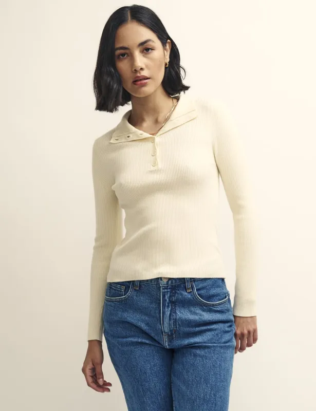 Cream Funnel Neck Button-Up Rib Knitted Top sold by Nobody's Child