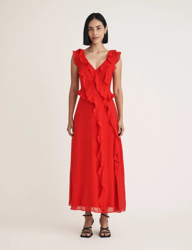 Red Ruffle Violetta Midi Dress sold by Nobody's Child