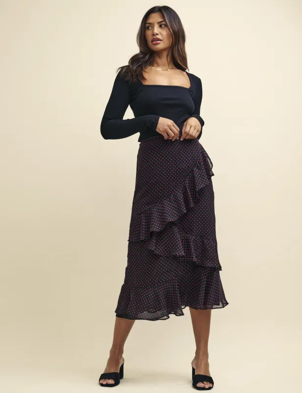 Black and Red Polka Dot Print Aurora Chiffon Midaxi Skirt sold by Nobody's Child