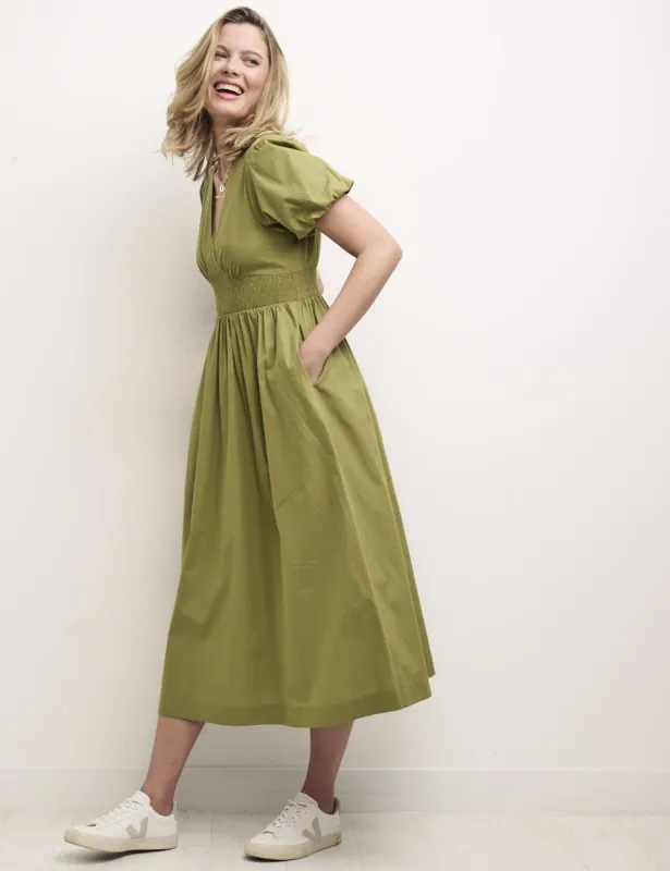 Green Sansa Puff Sleeve Midi Dress sold by Nobody's Child