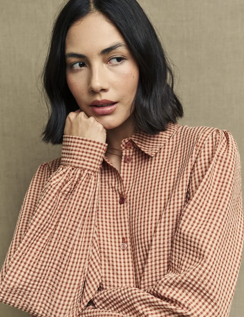 Brown Gingham Check Button Down Shirt sold by Nobody's Child product image thumbnail 3