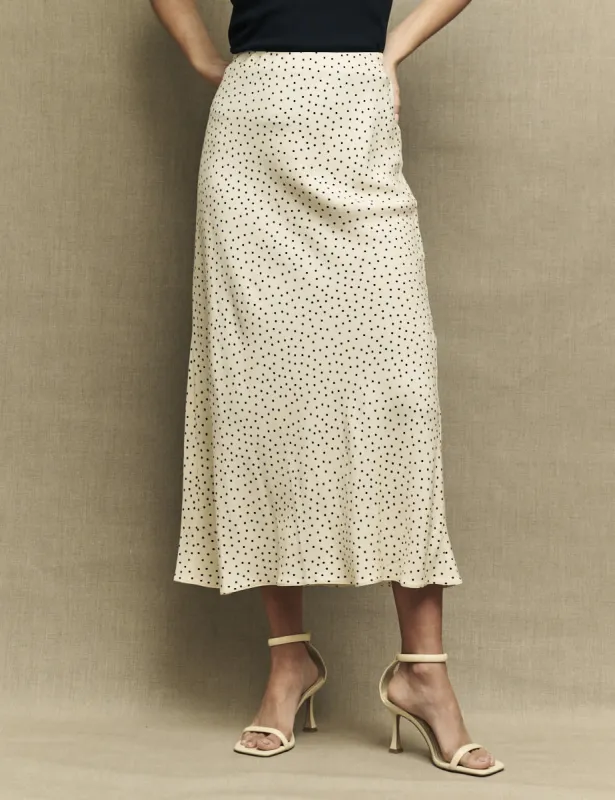 Cream Spot Print Mila Satin Midi Skirt sold by Nobody's Child