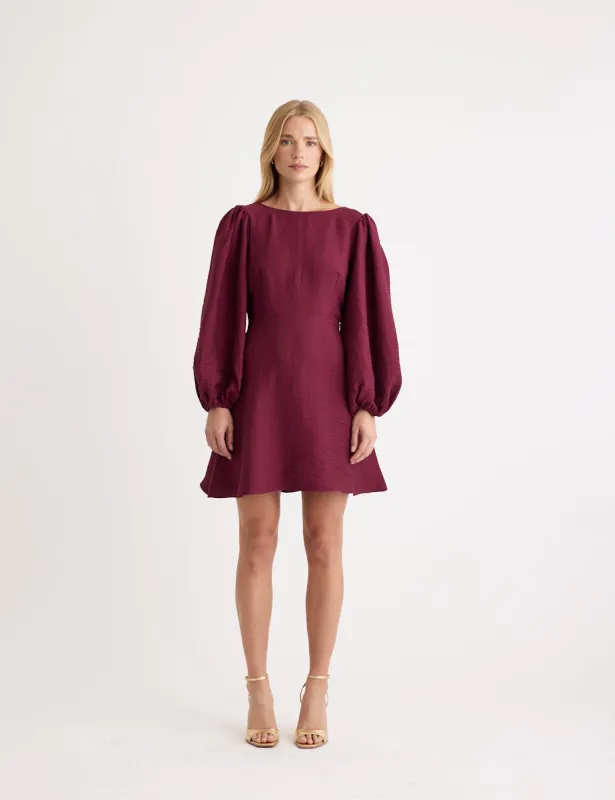 Burgundy Balloon Sleeve Zora Mini Dress sold by Nobody's Child