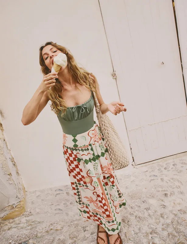 Cream Tile Print Drop Waist Midi Skirt sold by Nobody's Child