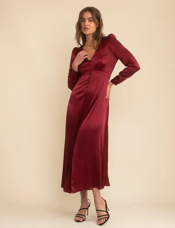 Burgundy Satin Emma Bridesmaid Midaxi Dress sold by Nobody's Child