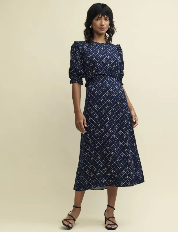 Navy Floral Trellis Print Felicia Midi Dress sold by Nobody's Child