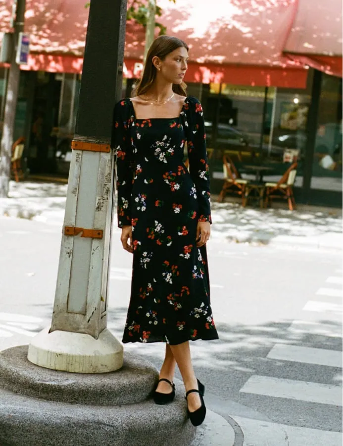 Black Wildflower Print Abby Midi Dress sold by Nobody's Child