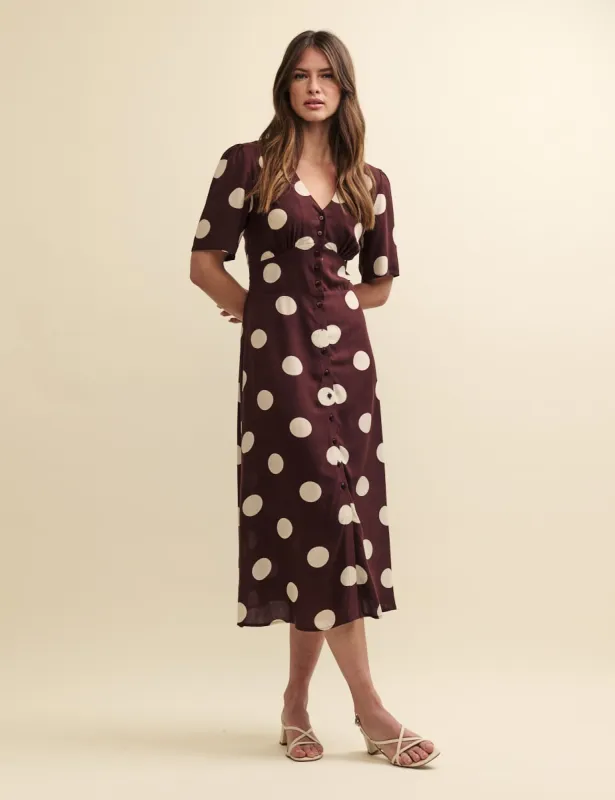 Brown Spot Print Alexa Midi Dress sold by Nobody's Child