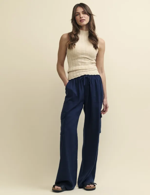 Navy Linen-blend Wide Leg Utility Trousers sold by Nobody's Child