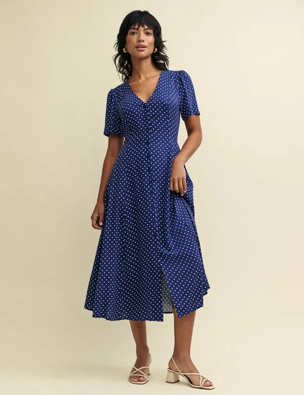 Navy Polka Dot Print Ellen Midi Dress made by Nobody's Child