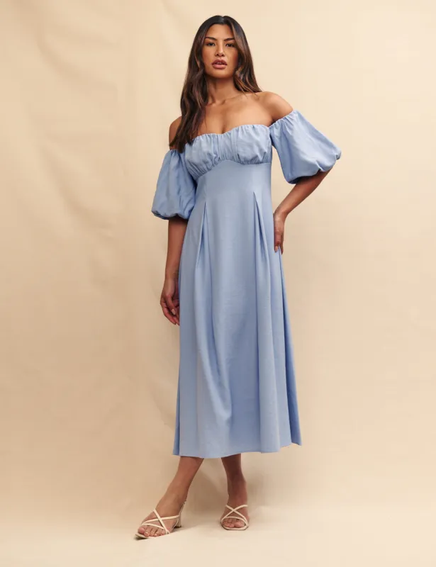 Light Blue Bardot Edith Midi Dress sold by Nobody's Child