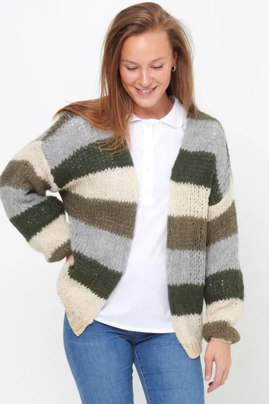 Kala Knit Cardigan Wool Army/beige Stripes 5 sold by Noella Fashion