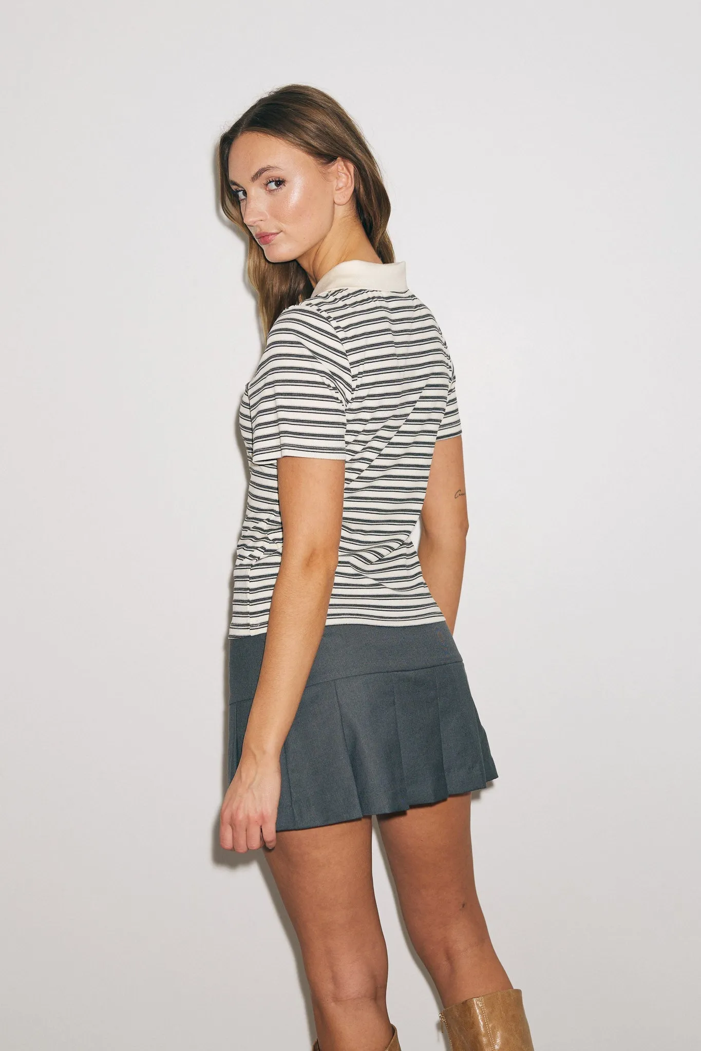 Leyna Polo Top Sugar Grey Stripe sold by Noella Fashion product image thumbnail 4