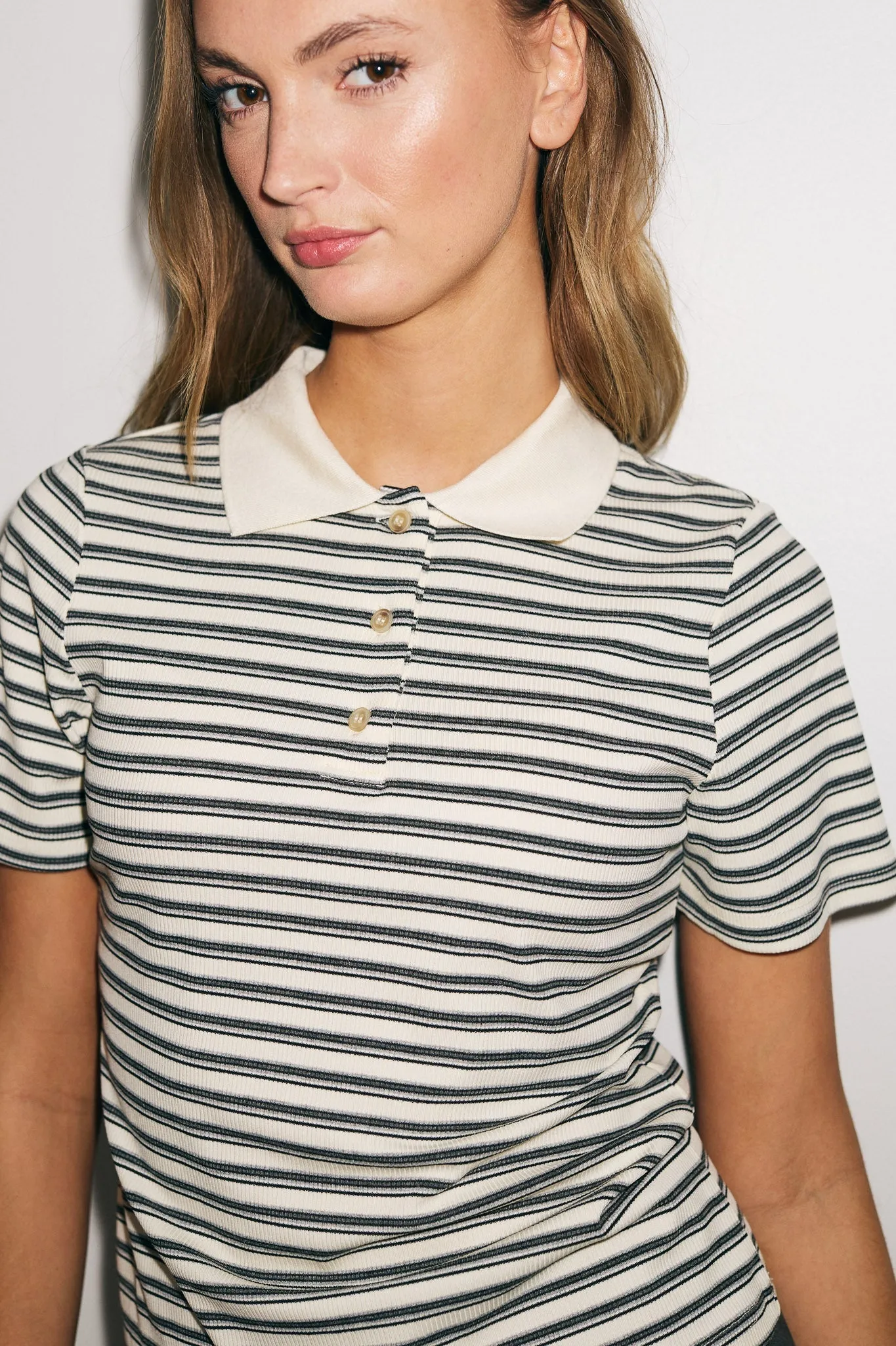 Leyna Polo Top Sugar Grey Stripe sold by Noella Fashion