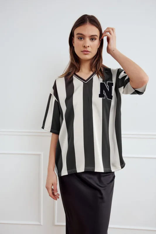 Lucena Blouse Black Ivory Stripe sold by Noella Fashion
