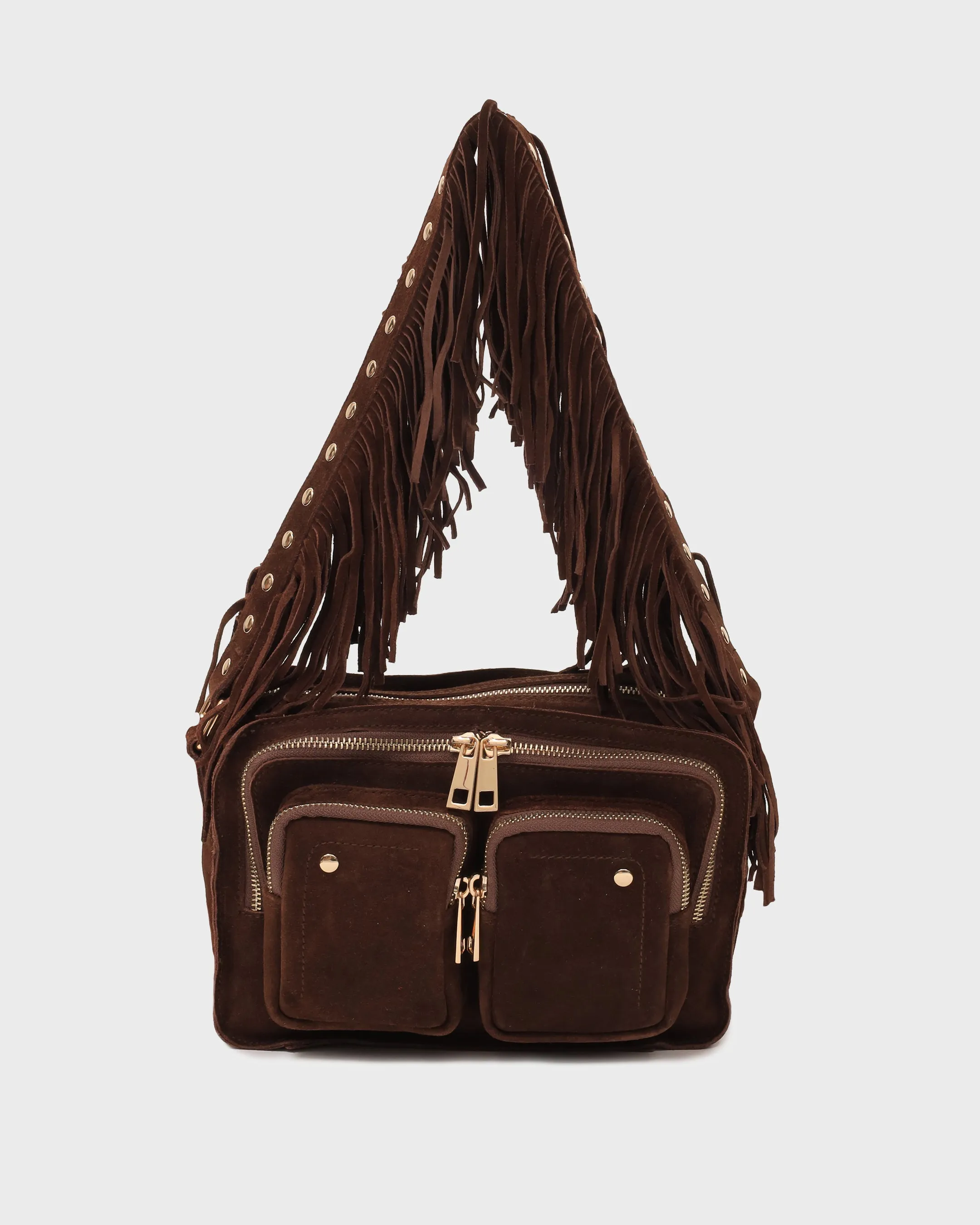 Ellie Fringe Suede Dark Brown w. Gold sold by Nunoo Bags