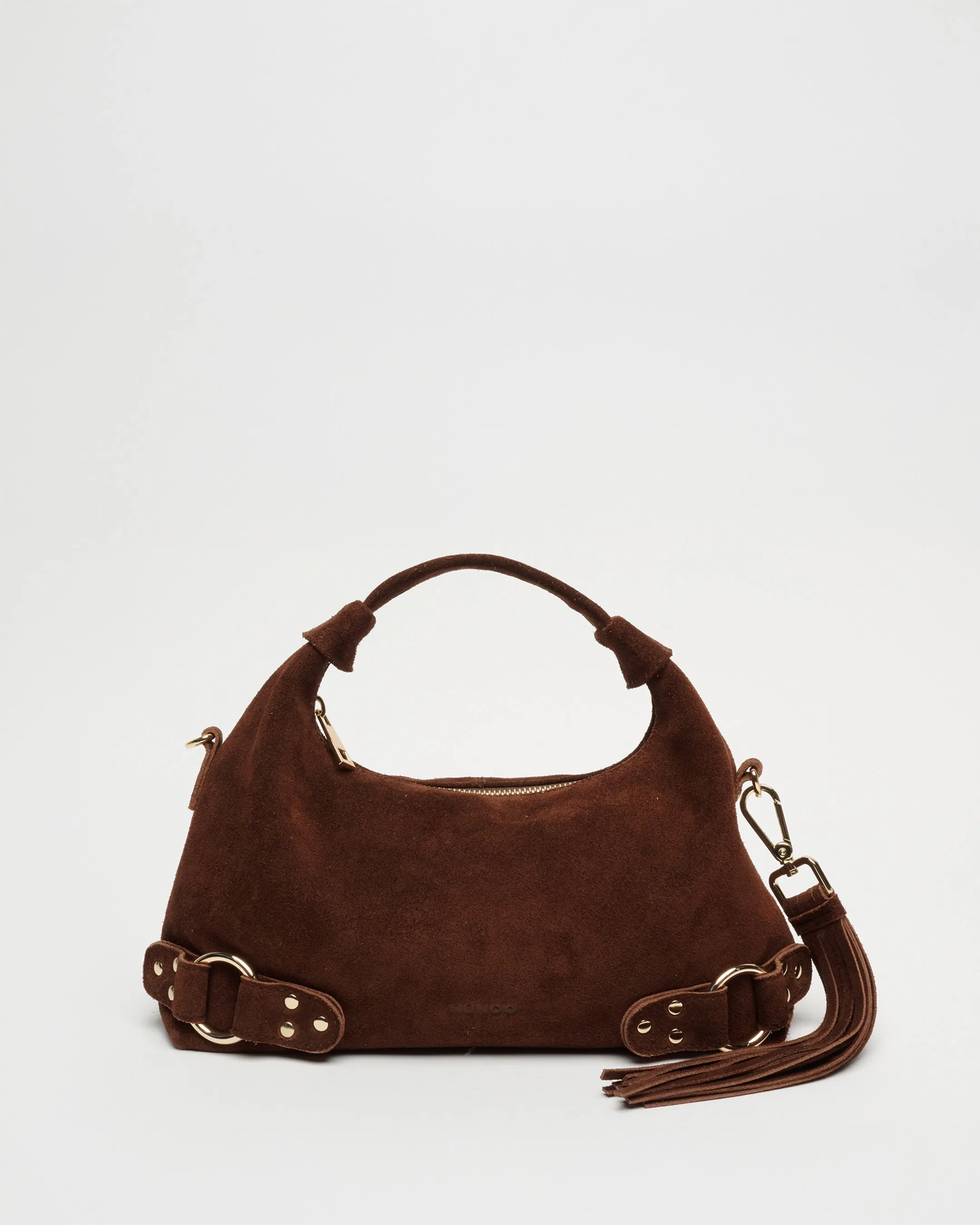 Dandy Fringe Suede Dark Brown w. Gold sold by Nunoo Bags