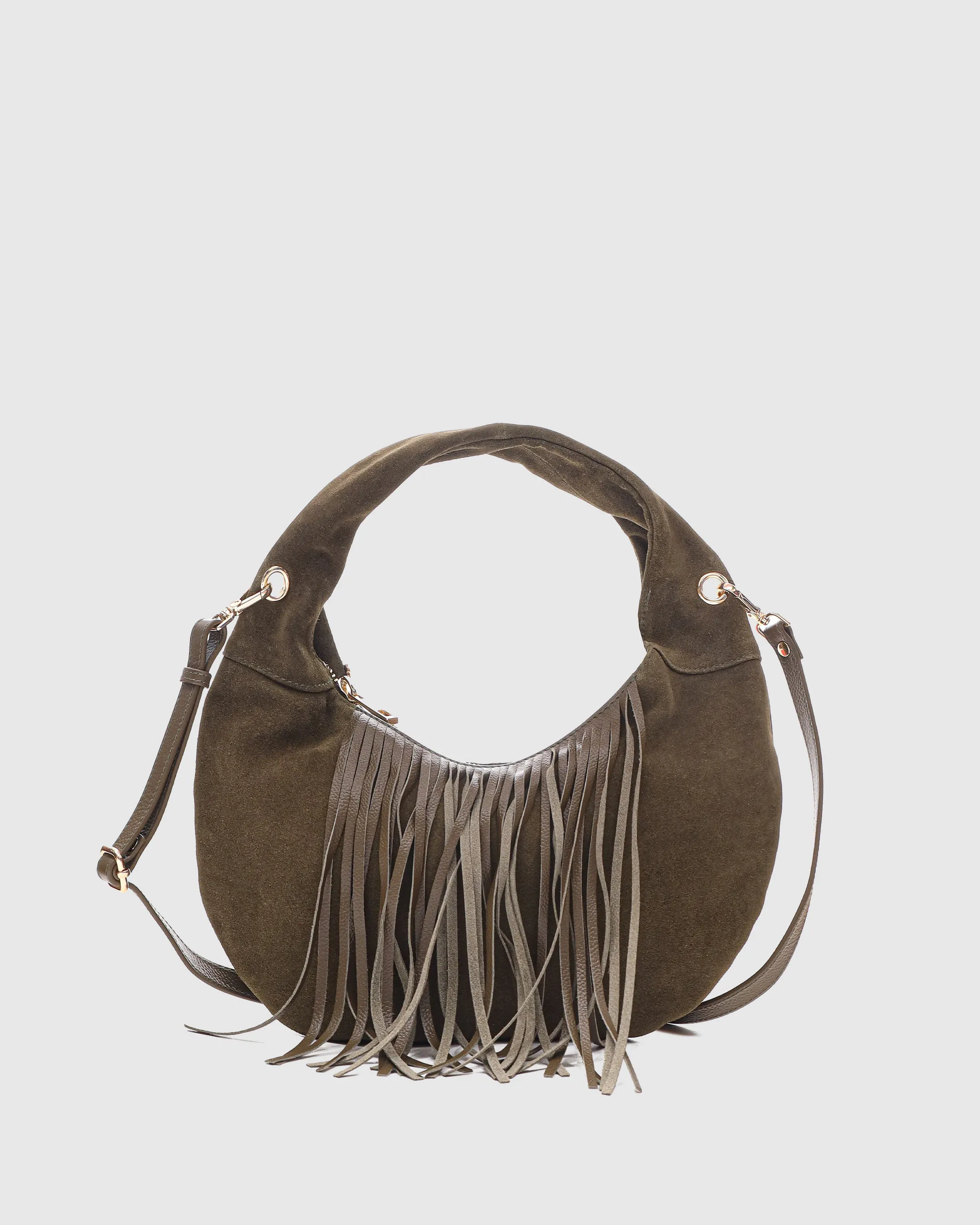 Mini Gabi Suede Fringe Dark Olive w. Gold sold by Nunoo Bags