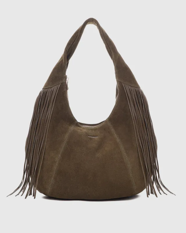 Gabi Suede Fringe Dark Olive w. Gold sold by Nunoo Bags