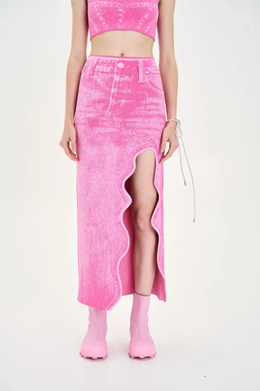 LILY DENIM PRINT WAVY LONG SKIRT made by PH5