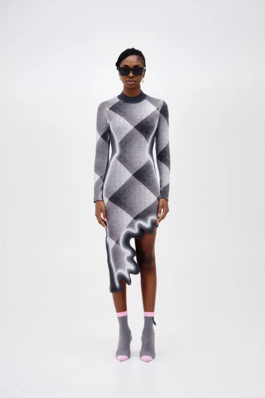 DOBBY LONG SLEEVE WAVY PLAID DRESS made by PH5