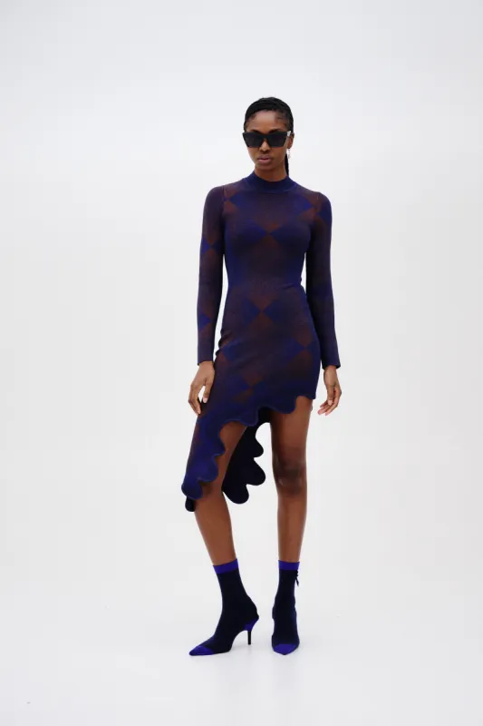 DOBBY LONG SLEEVE WAVY PLAID DRESS made by PH5